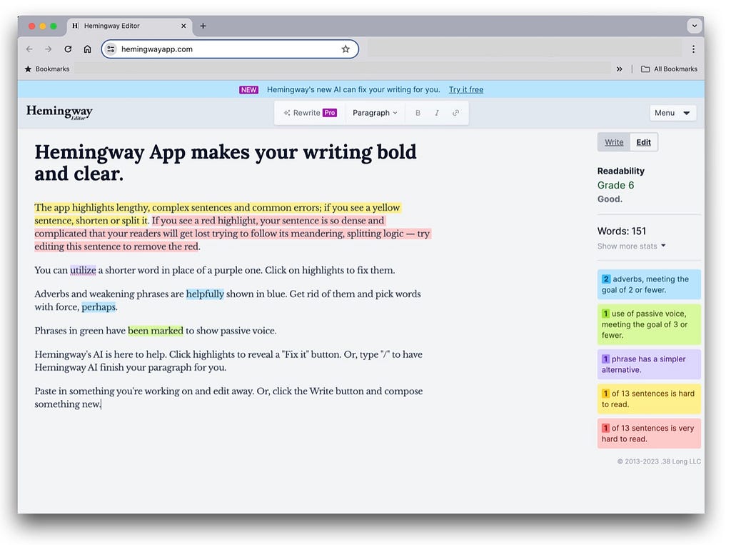 screenshot of the Hemmingway editor web app