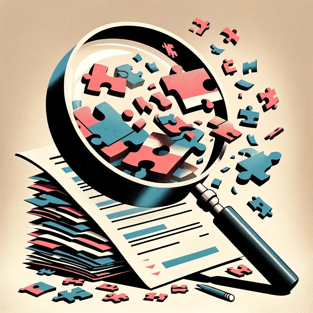 An image of a magnifying glass examining a stack of documents. As each document is scrutinised, it flies apart into jigsaw puzzle pieces.