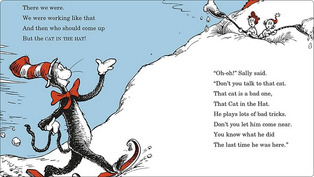 Page 7 from the Cat in the Hat starting with Well… There we were. We were working like that And then who should come up But the Cat in the Hat!