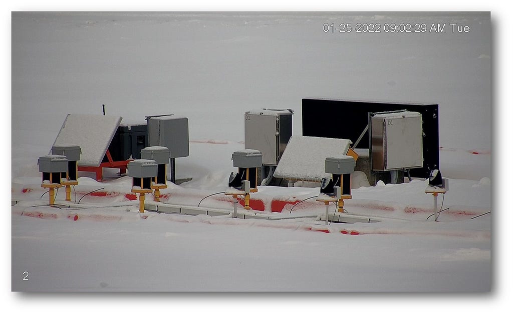 Solar lighting system in the snow at Penn Yan Airport.