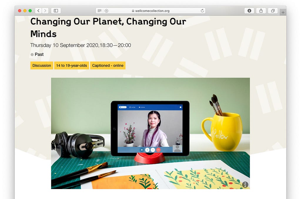 Screengrab of a browser window showing an events listing page on a website. The event is titled ‘Changing Our Planet, Changing Our Minds’.