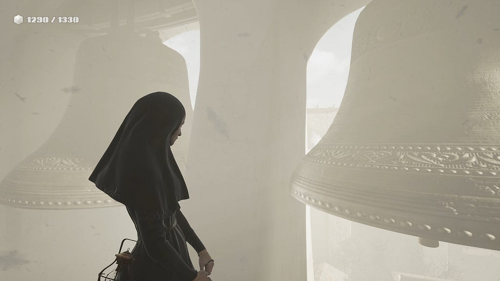 A screenshot from Indika showing the protagonist surrounded by peaceful architecture and giant bells, creating a strange contrast between a calm atmosphere and an unsettling feeling.