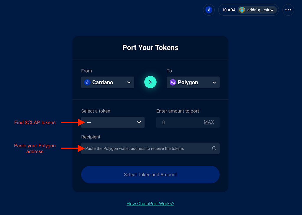 Select tokens and destination network