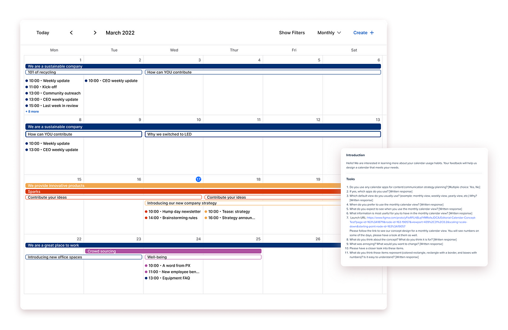 On the left, a Monthly view of a calendar with multiple events running across days. On the right, instructions of a user test.