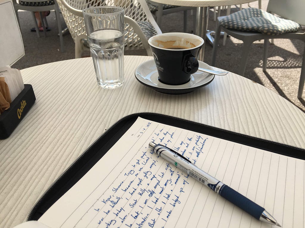 An open notebook containing the start of a journal entry on a cafe table with a cup of coffee and a glass of water.