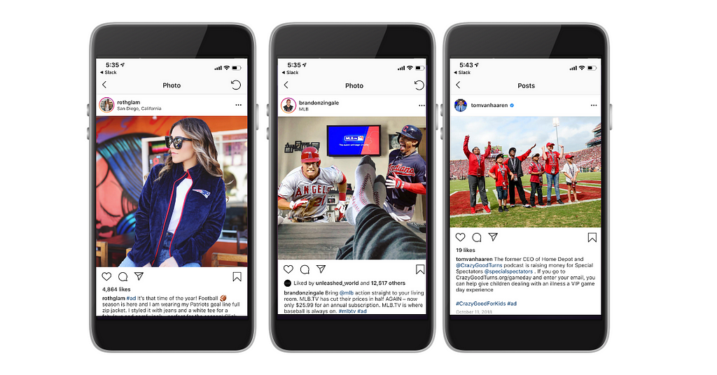 Influencer branded content objectives from left to right: merchandise push, streaming service/app, community event awareness.