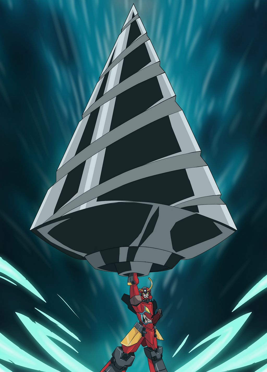 An artwork depicting a mecha-robot from the anime Tengen Toppa Gurren Lagann with a giant drill above it’s head pointing upward.