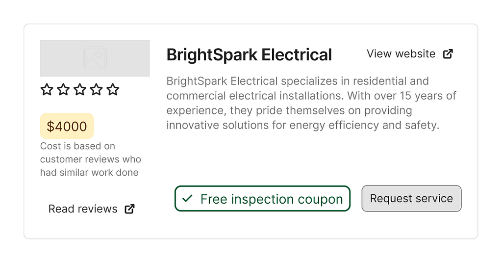 Close-up of a single electrician card showing company name, star rating, description, price, cost explanation, and action buttons stacked together, demonstrating information grouping within the card.
