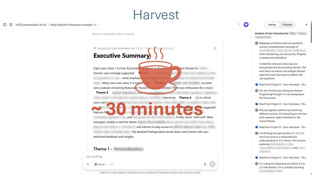 A screenshot of Deep Research generating a report, with an image of a coffee cup over the top, with the heading “~30 minutes”