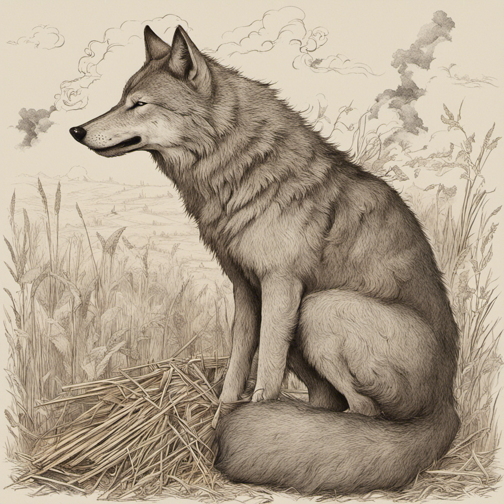 A European woodcut style wolf on a pile of straw