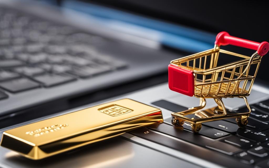 A gold bar placed on a laptop keyboard with a shopping cart icon in the background.