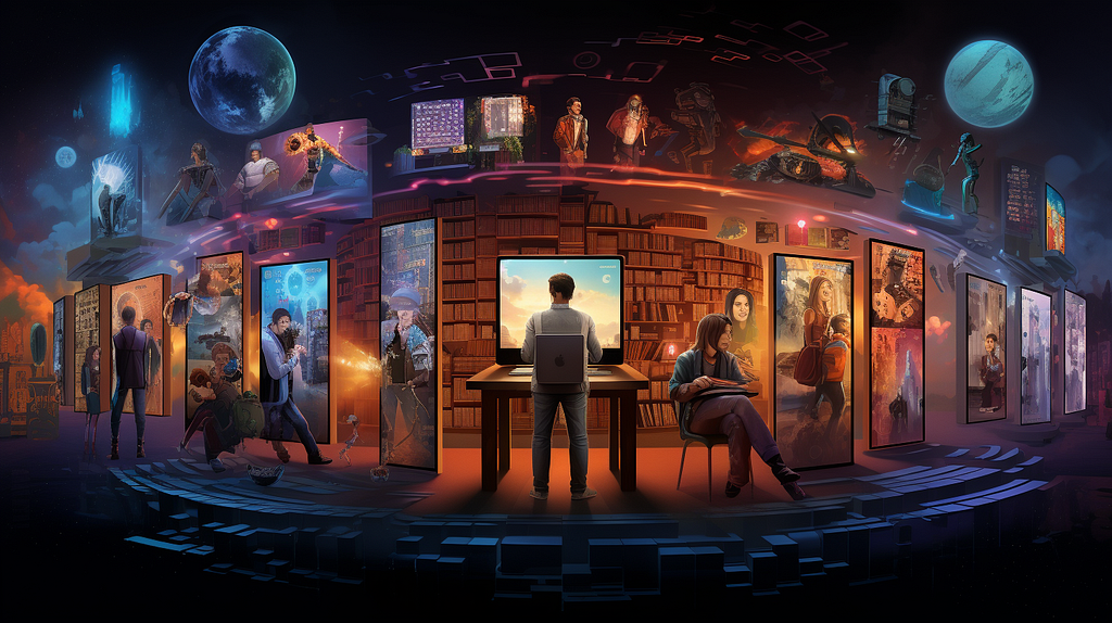 Showcase a timeline from classic hardcover books on the left, transitioning into modern tablets and e-readers in the middle, to holographic stories and AI-generated narratives on the right.