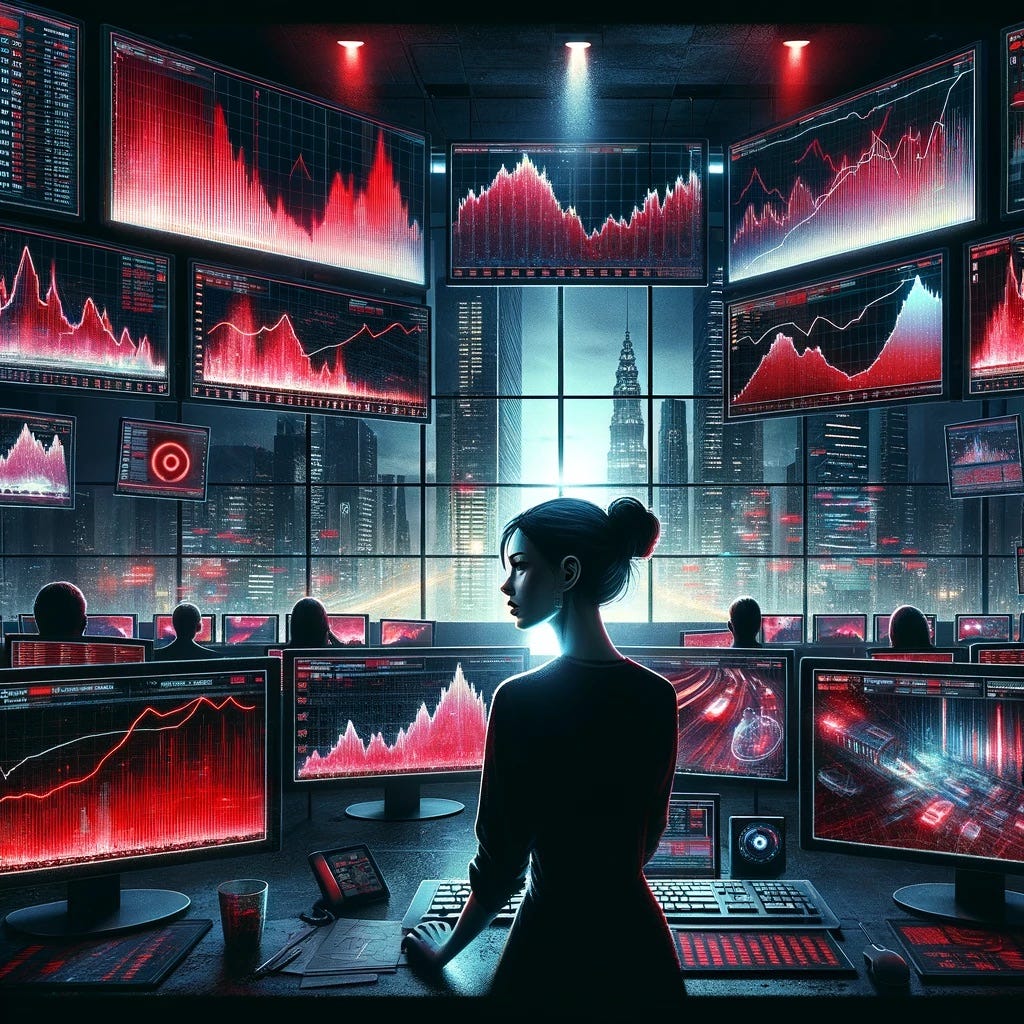 A dimly lit control center with multiple monitors showing red graphs and financial data plummeting. A woman with an expression of concentration stands before the screens, symbolizing Valeria. Screens bleed red losses in a metaphorical sense, and in the background, a public address system with a calm, digitized female voice visualized through sound waves emitting from speakers. On a separate scene within the same image, a man with a focused gaze, representing James, is typing furiously… Image 2