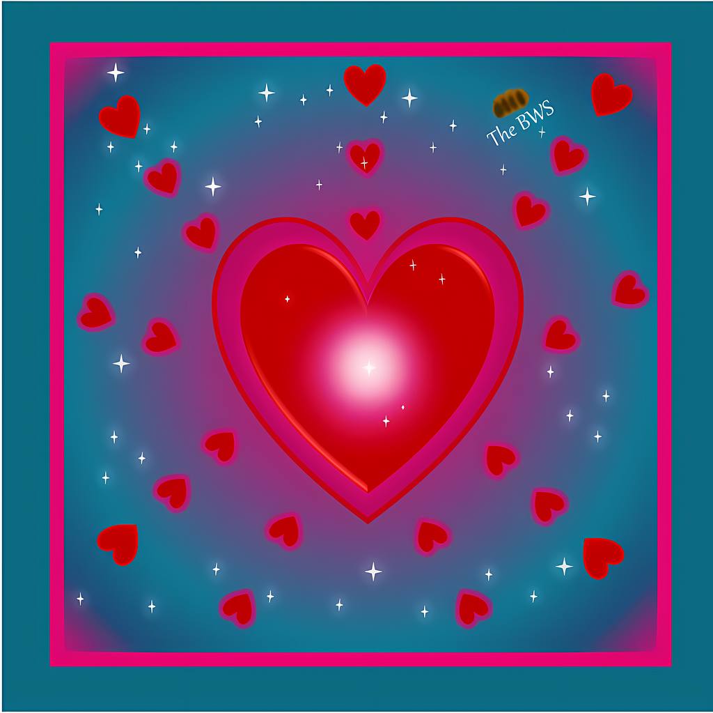 Giant shining heart on a light teal sky with hearts and stars floating in the ether