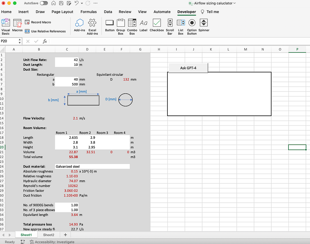 A basic MS Excel UI with some calculated values and a box with a button to show the GPT-4 response.