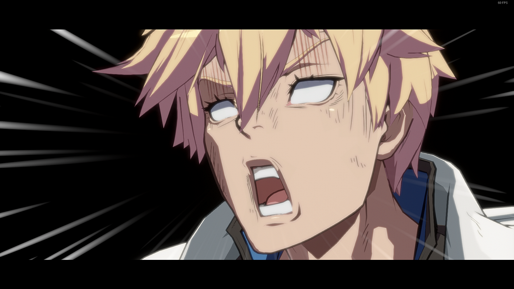 A close up of Guilty Gear Strive character Ky Kiske’s face after being hit in the shin with a wheelchair. He is in agony.