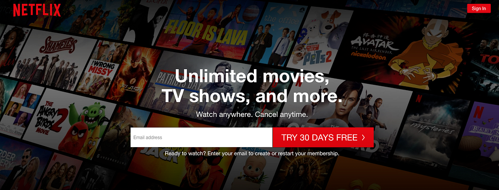 Screenshot of Netflix’s landing page with the button of 30-DAY Free Trial