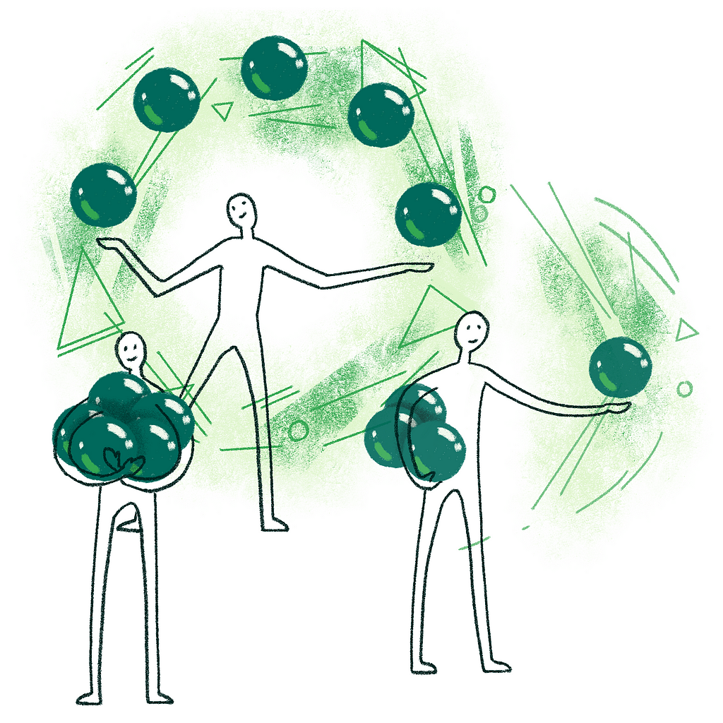 An illustration of three human forms with green spheres that represent different mental models. One form is juggling four spheres, the second form is embracing five spheres, and the third form is holding up one green sphere in one hand, and has three green spheres tucked under their other arm.