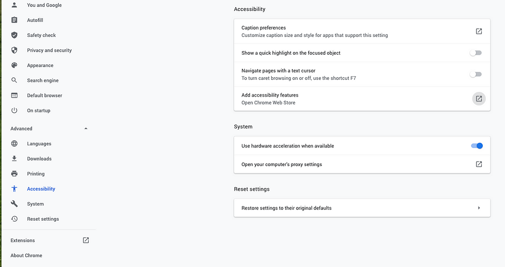 Google Chrome’s Acccessibility Settings page