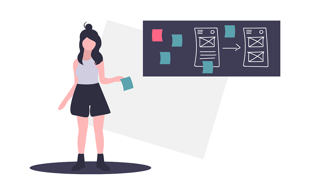 Illustration of a woman in front of two mobile wireframes, putting Post-It notes on the wireframes.