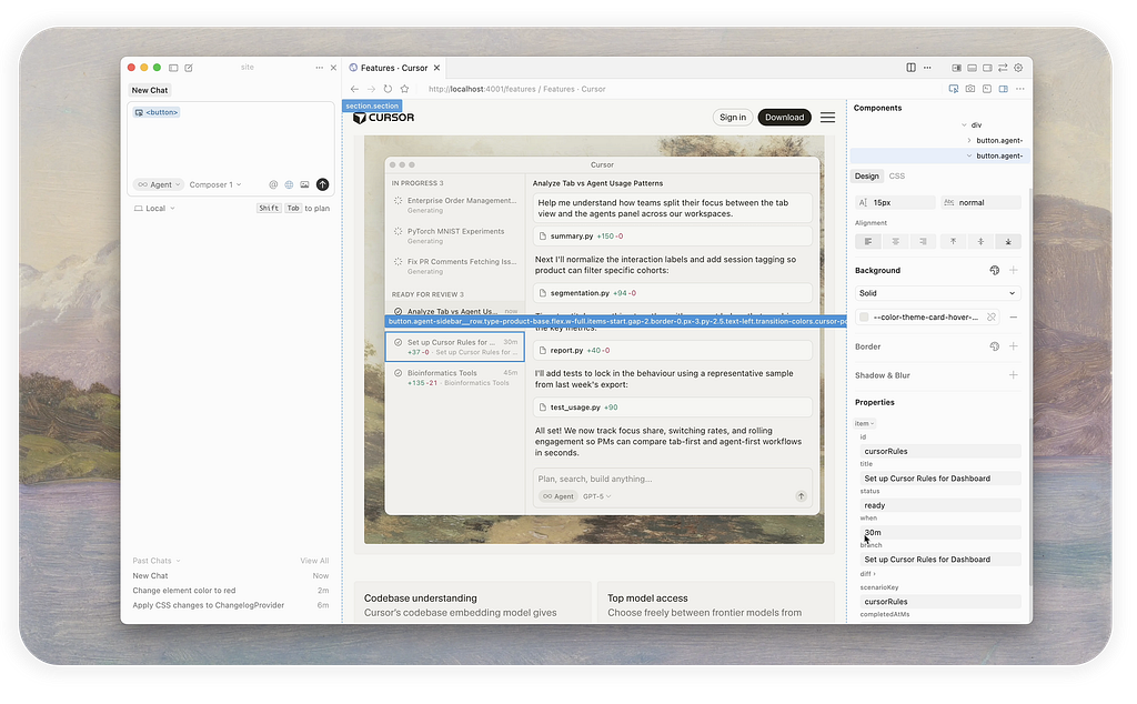 Screenshot from a marketing video displaying a Cursor interface, with a design inspector panel open on the right showing component properties, and an embed chat UI panel on the left.