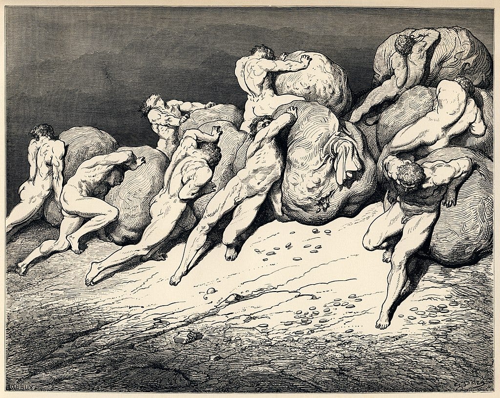 Gustave Doré’s illustration to Dante’s Inferno. Plate XXII, Canto 7: The hoarders and wasters.