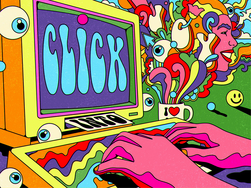 a psychedelic illustration showing a computer screen and hands writing in a computer keyboard