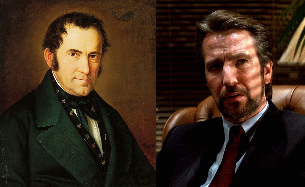 Photo of Franz Gruber beside a photo of Die Hard’s Hans Gruber