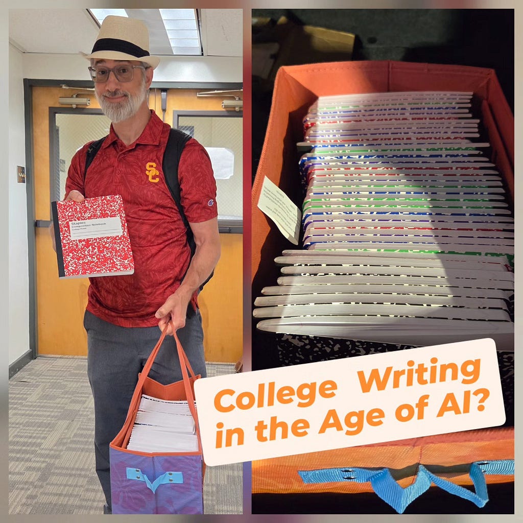 Two photos. Mark Marino standing on the left, holding his bag of composition notebooks and the composition notebooks on the right with the question: College Writing in the Age of AI?