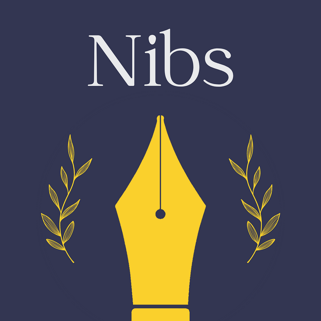 The Nibs logo. A fountain pen’s nib is centered & yellow. Yellow leaves are on either side. The word, “Nibs” is in a serif font above