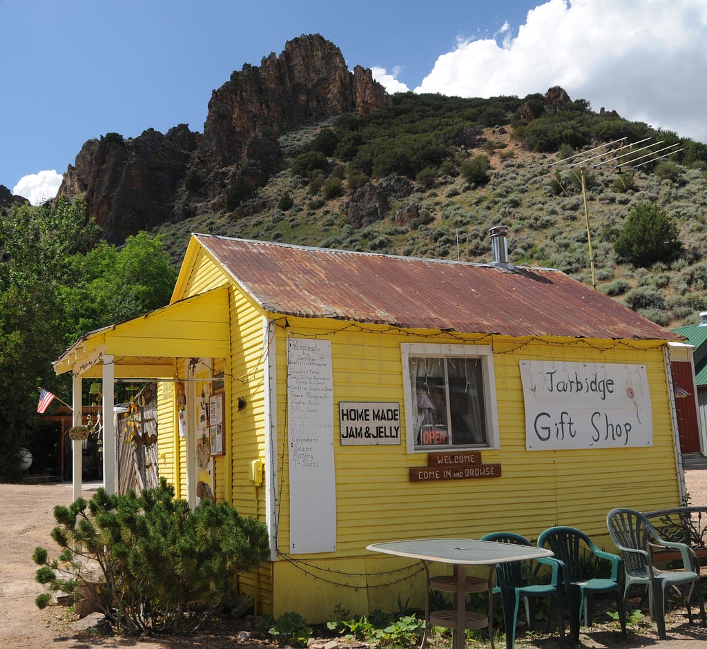 The yellow gift shop in Jarbidge has a rustic feel to it.