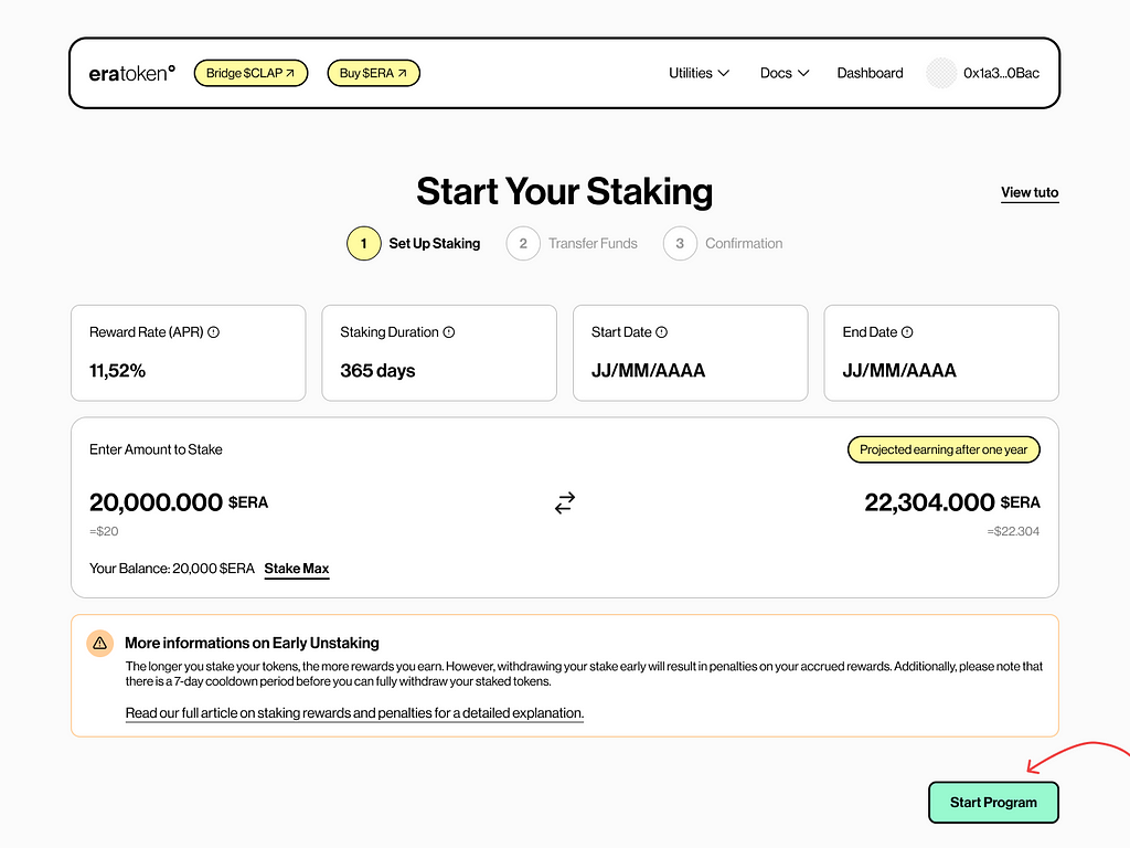 Select the amount to stake on token.erable.com
