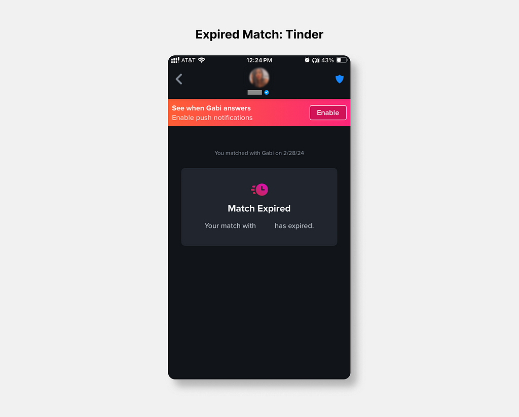 A screenshot of Tinder depicting an expired match, with no way to “rematch” with them.