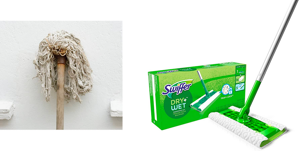 left: dirty mop with string head. right: swiffer product.