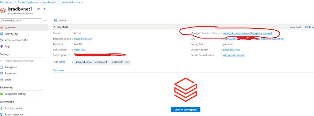 Azure Databricks Workspace — Managed Resource Group Link displayed