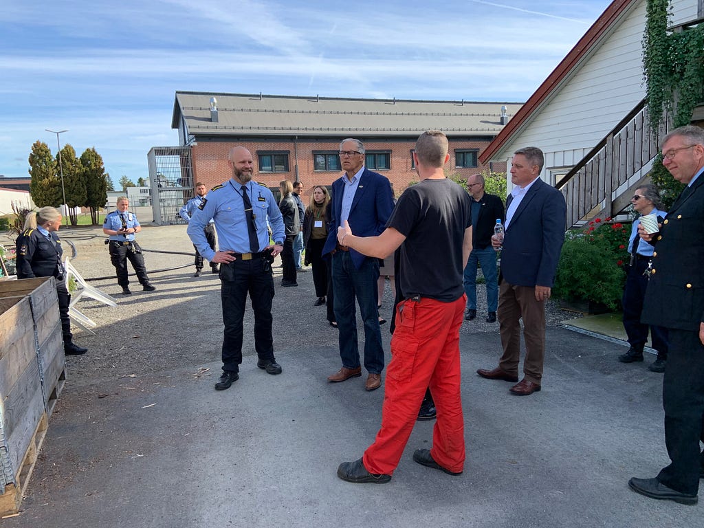 Gov. Jay Inslee and Washington state officials tour Romerike Prison near Oslo, Norway, to learn from the nation’s unique approach to rehabilitative corrections.