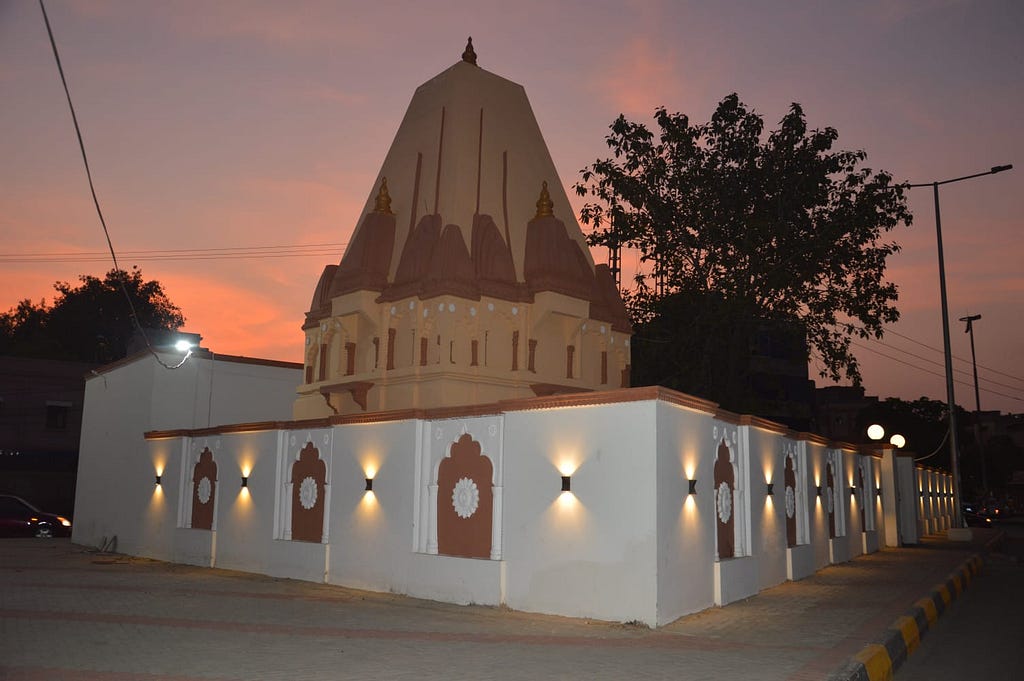 A view of the restored Jain temple at night in Lahore, Pakistan