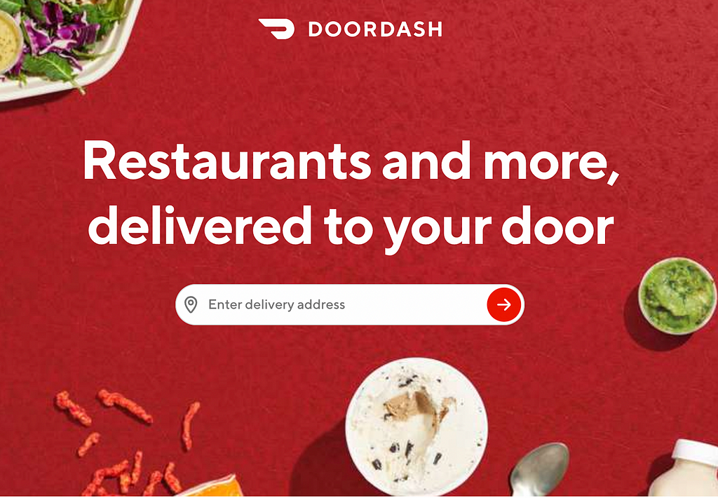 Doordash homepage reading “Restaurants and more, delivered to your door”