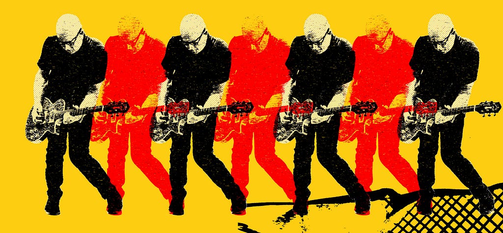 A repeated image of Steve Marker playing guitar, rendered in the style of Andy Warhol