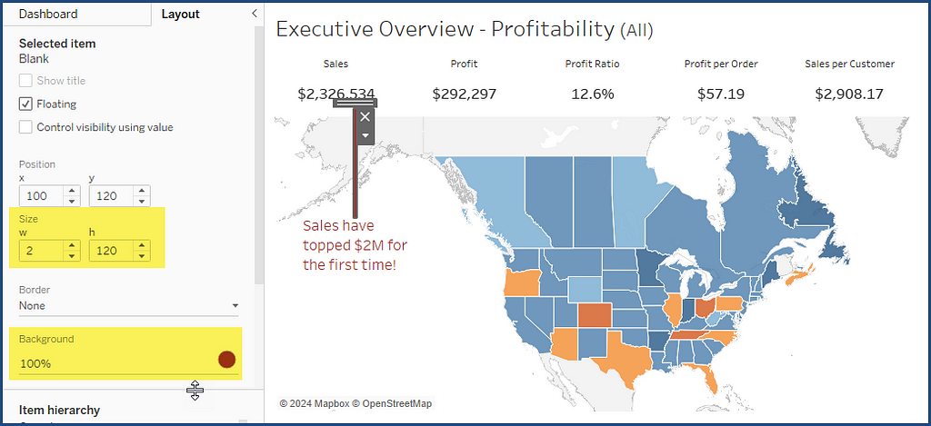 Superstore Sales dashboard showing the use of a floating blank object as a vertical pointer line