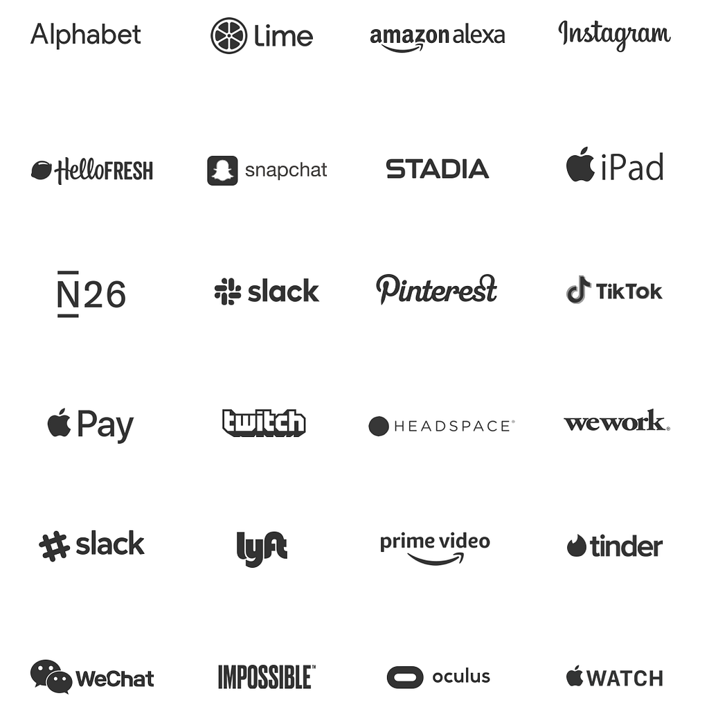 Liste an Marken wie: Lime, AmazonAlexa, Instagram, HelloFresh, Snapchat, iPad, N26, slack, Pinterest, TikTok, twitch…