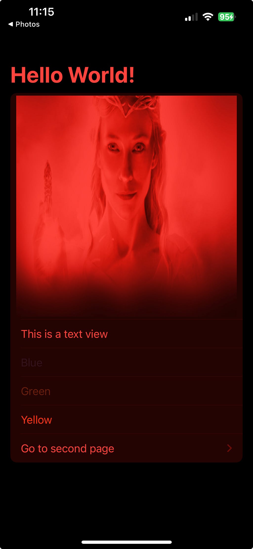 An example of a SwiftUI View imitating Night Mode, where every pixel in the app is either black or a shade of red.