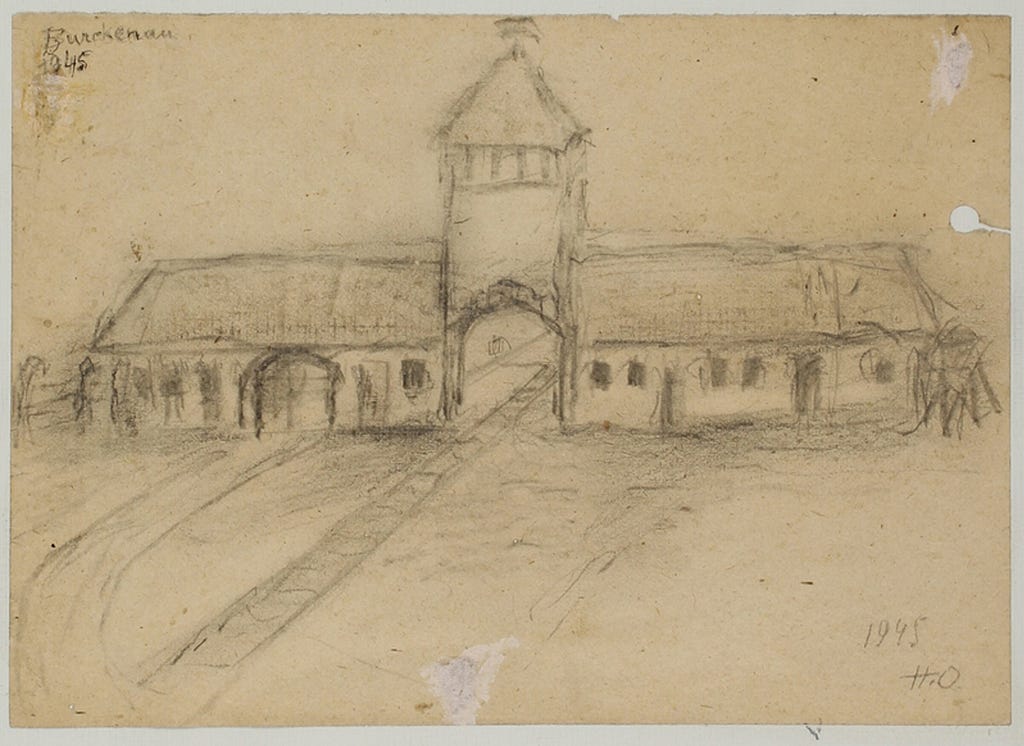 Charcoal sketch of a long, rectangular structure with a tall tower in the middle. The structure has several windows and doors, and train tracks run through an arch through its center. Birkenau is written in the upper left hand corner.