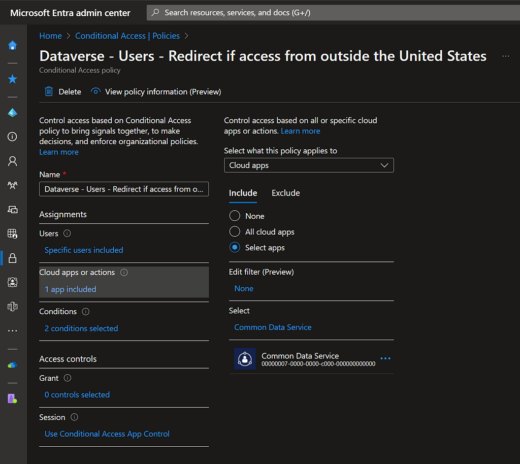 Redirect access to Dataverse from outside United States to Defender for Cloud Apps — Included apps