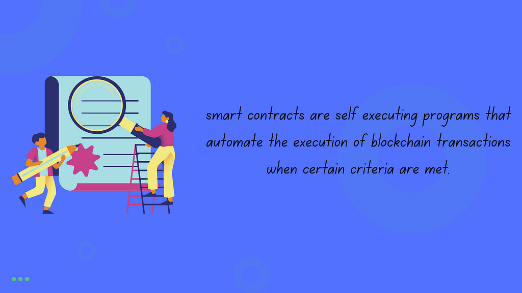 An image of a man and a woman writing a contract and a text describing smart contract