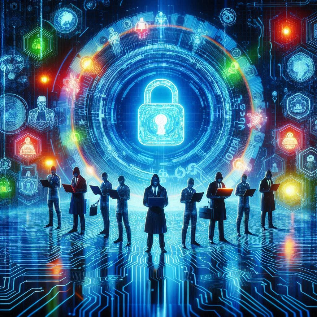 Picture of a cybersecurity team standing side by side with a futuristic security neon colored background