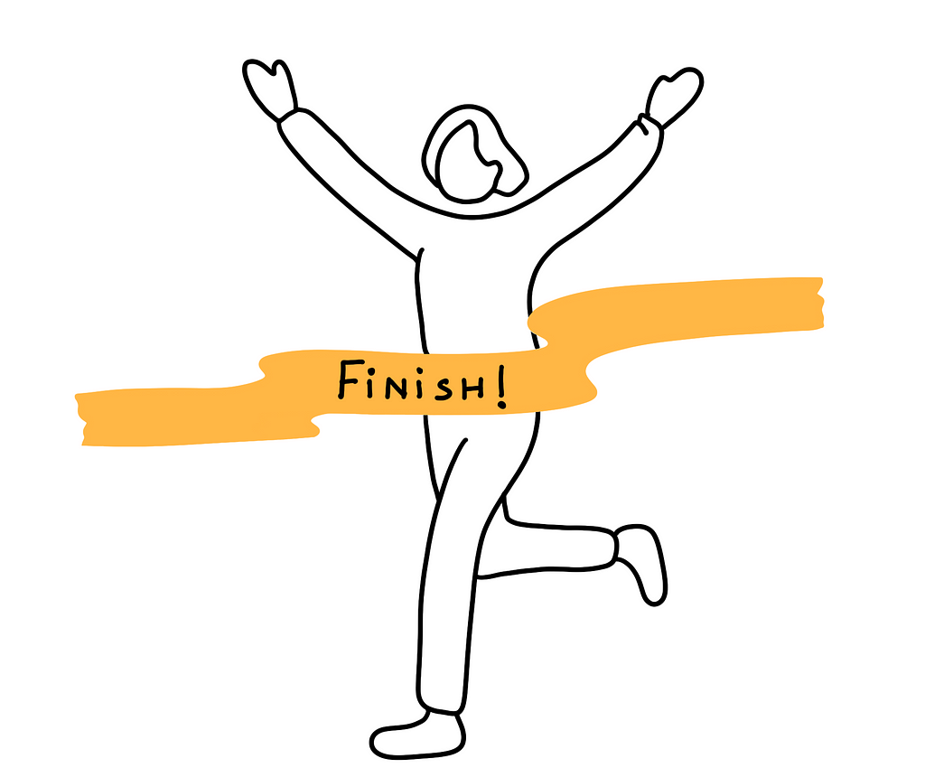 Drawing of an individual joyfully crossing the Finish line in a race.