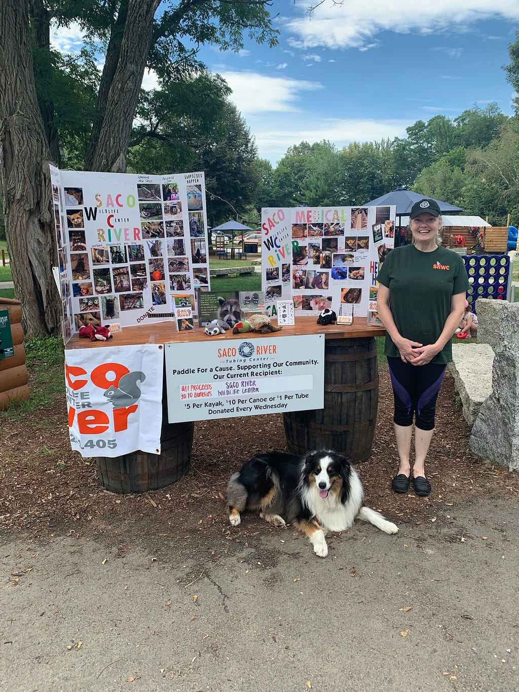 A photo of Saco River Tubing Company tabling at a community event with a dog and photos of patrons enjoying tubing, kayaking, and jet skiing