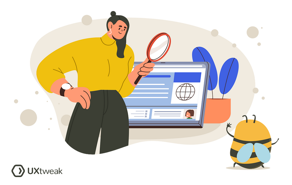 An illustration of a person inspecting a website or online profile using a magnifying glass, with a bee character observing, representing the concept of closely examining online content or user data.