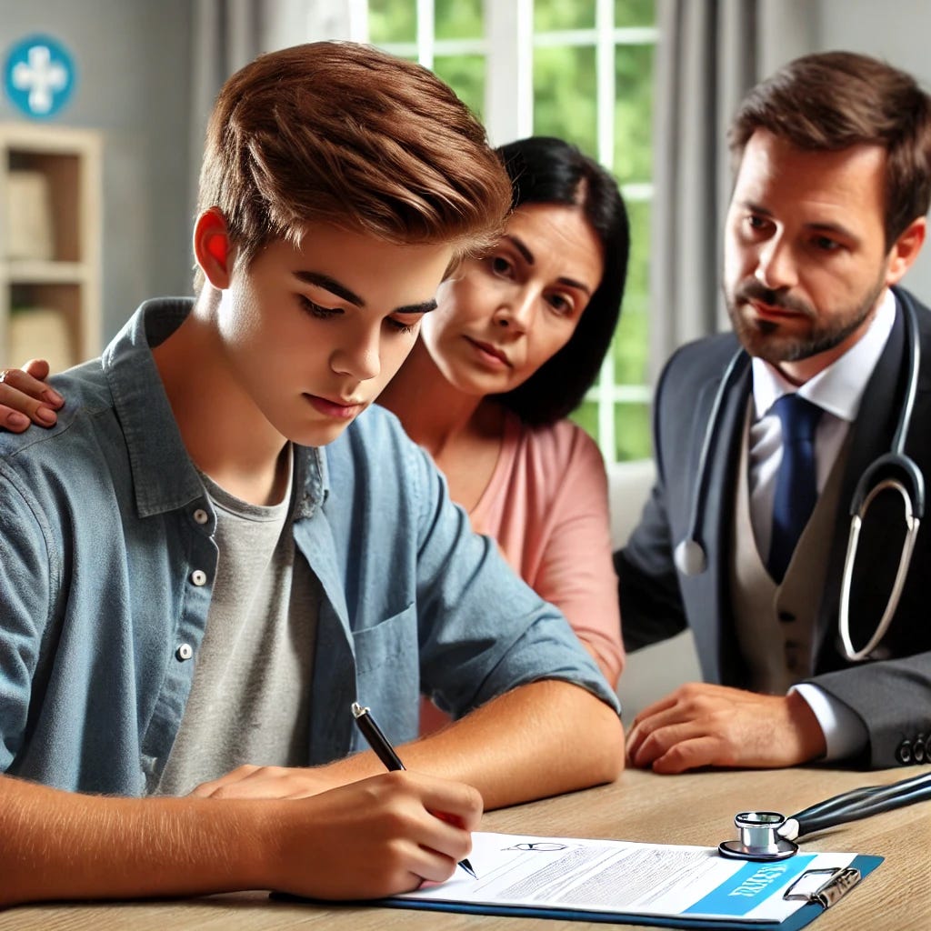 College student with parents and doctor signing living will and health care proxy.
